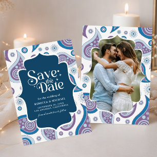 Save The Date Photo de mariage indien de style paisley bleu et v