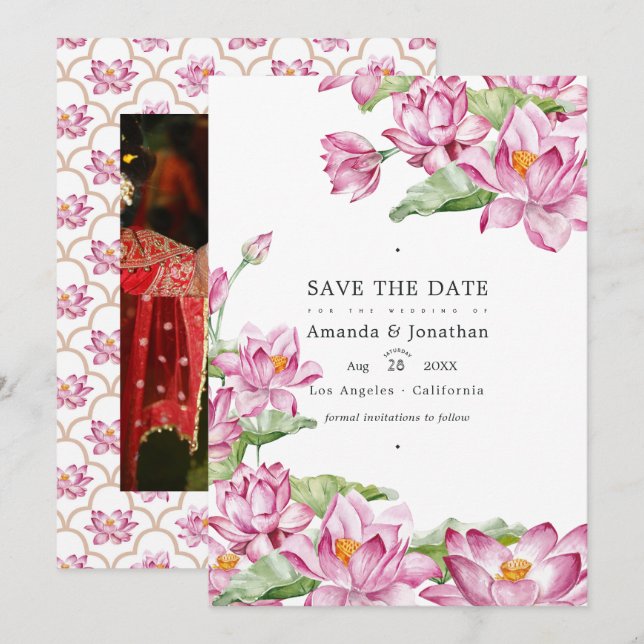 Save The Date Photo de mariage indien fleur de lotus (Devant / Derrière)
