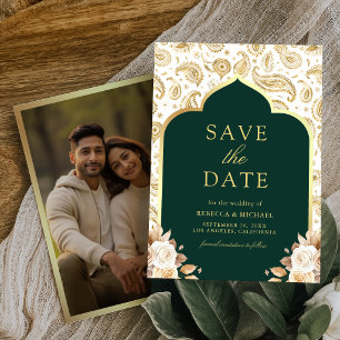 Save The Date Photo de mariage indien floral paisley or émeraude
