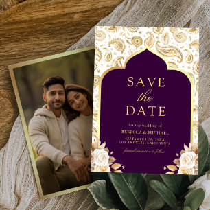 Save The Date Photo de mariage indien floral Paisley or pourpre