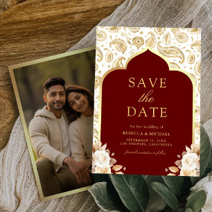 Save The Date Photo de mariage indien floral paisley or rouge