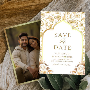 Save The Date Photo de mariage indien florale paisley en or blan