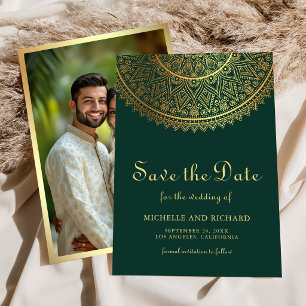 Save The Date Photo de mariage indien Mandala Or Vert Emeraude