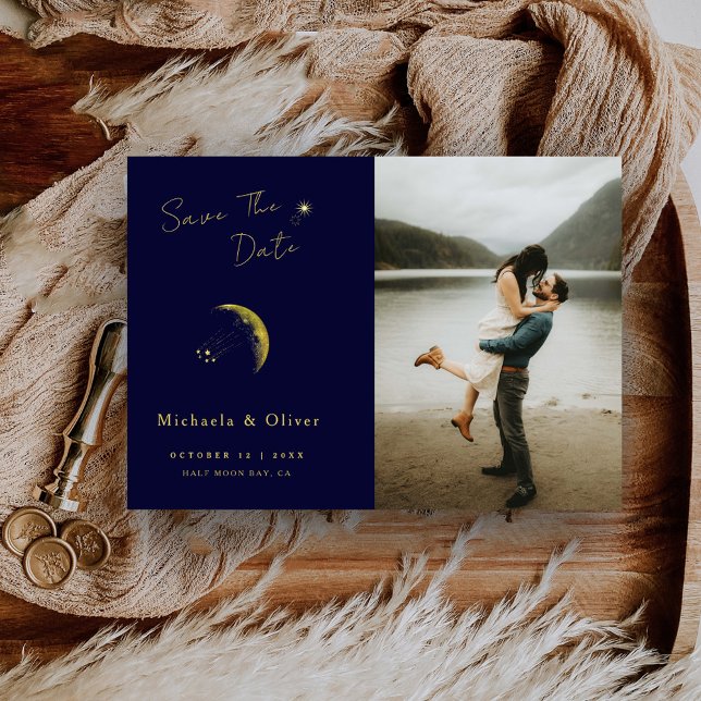 Save The Date Photo de mariage Lune d'or Bleu Minuit Céleste (Créateur téléchargé)