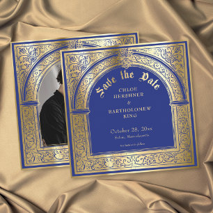 Save The Date Photo de mariage médiéval bleu or gothique