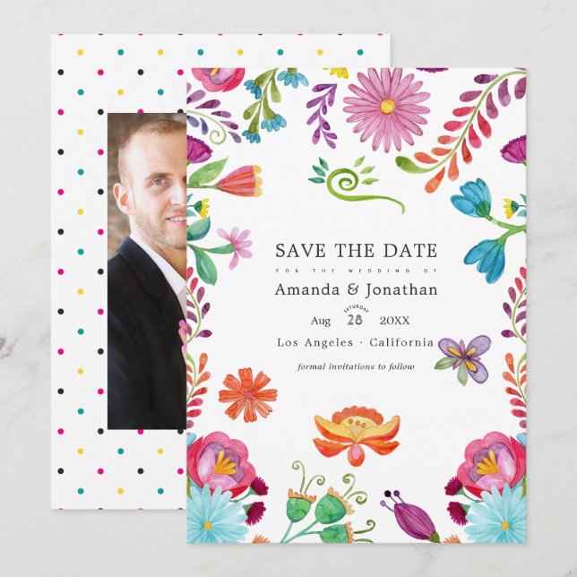Save The Date Photo de mariage mexicain floral aquarelle Fiesta (Devant / Derrière)