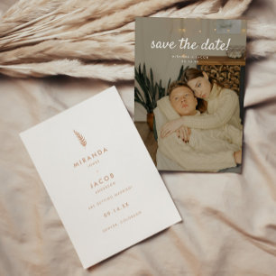 Save The Date Photo de mariage minimaliste beige à motif de feui