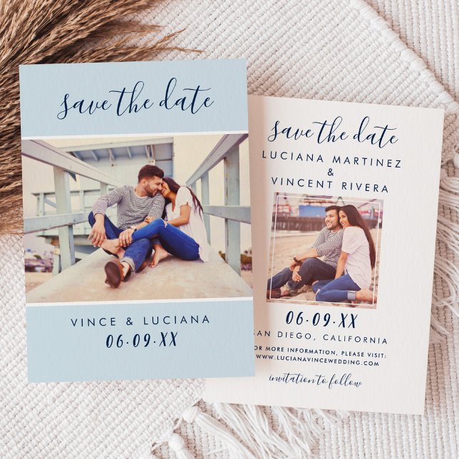 Save The Date Photo de mariage moderne à l'écriture bleu poudre (Créateur téléchargé)