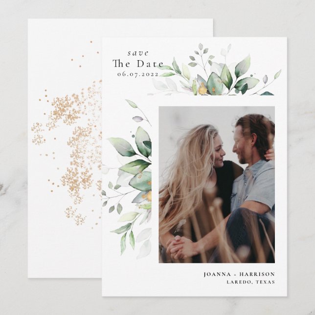 Save The Date Photo de mariage moderne à l'eucalyptus (Devant / Derrière)