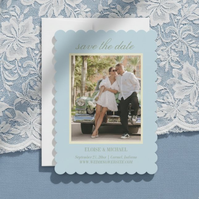 Save The Date Photo de mariage moderne avec écriture citrine ble (Invite guests to save the date for your big day with this Modern Script Blue Save the Date!)
