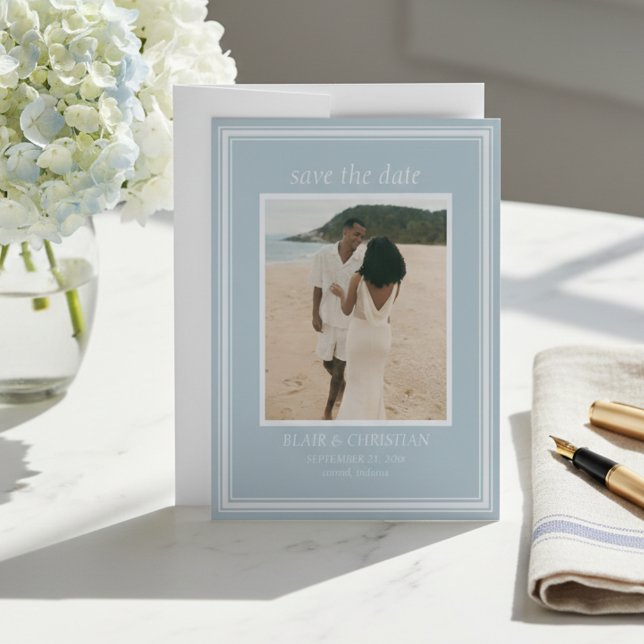 Save The Date Photo de mariage moderne bleu côtier élégant (Elegant Coastal Blue Modern Wedding Photo Save The Date)
