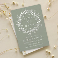 Photo de mariage moderne boho vert sauge avec fleu
