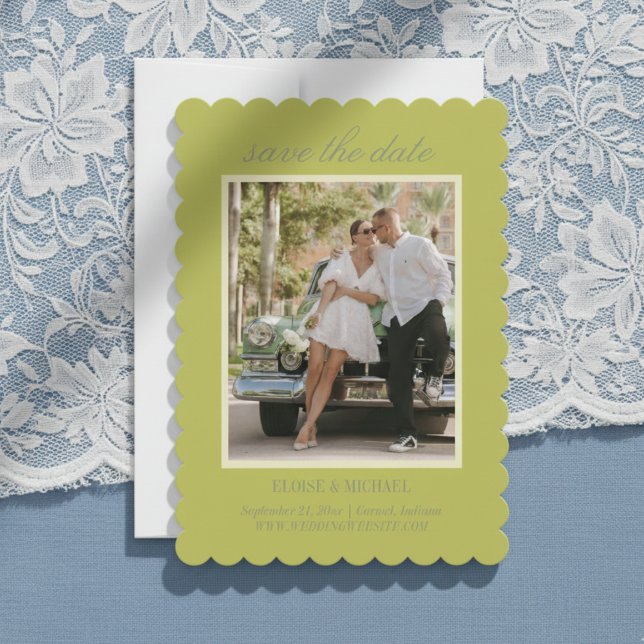 Save The Date Photo de mariage moderne en écriture Chartreuse (Invite guests to save the date for your big day with this Modern Script Green Save the Date!)