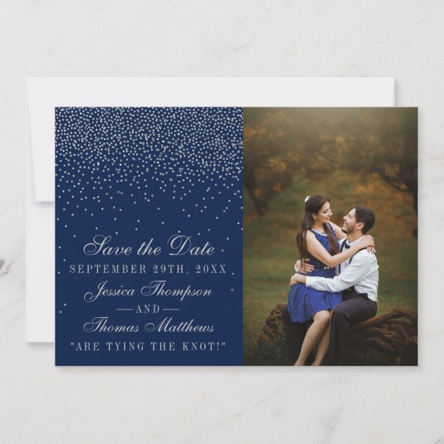 Save The Date Photo de mariage Navy Blue & Glam Silver Confetti (Devant)