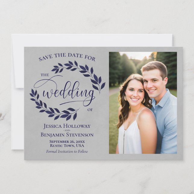 Save The Date Photo de mariage Navy Blue Laurel Leaves Rustique  (Devant)