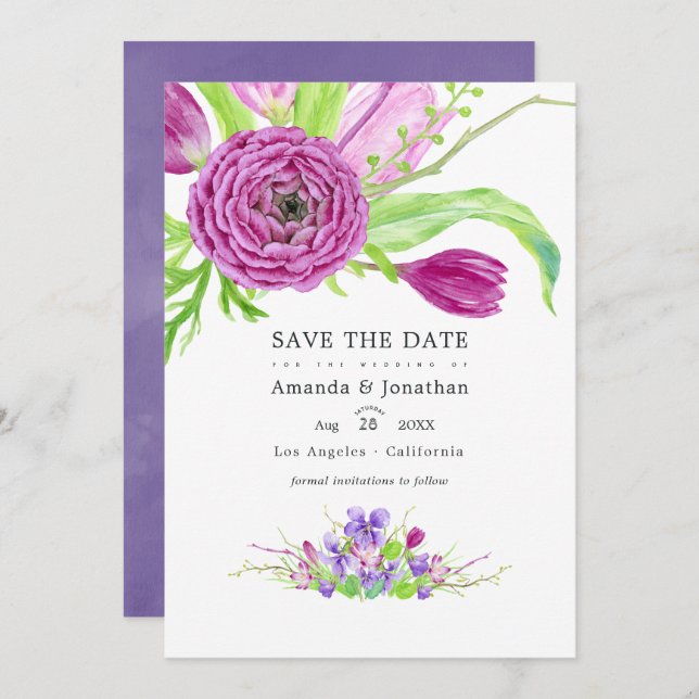 Save The Date Photo de mariage printanier floral à l'aquarelle (Devant / Derrière)