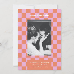 Save The Date Photo de mariage rétro à carreaux rose orange