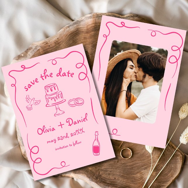 Save The Date Photo de mariage rose vif dessiné à la main de man (Créateur téléchargé)