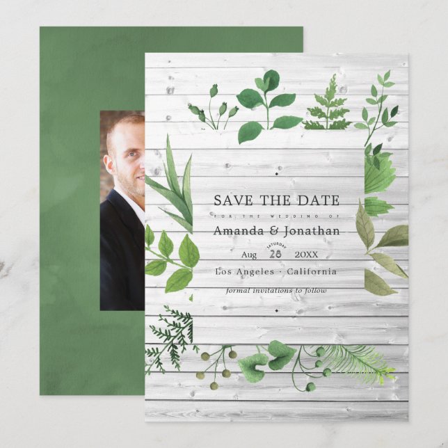 Save The Date Photo de mariage rustique de verdure de forêt bois (Devant / Derrière)