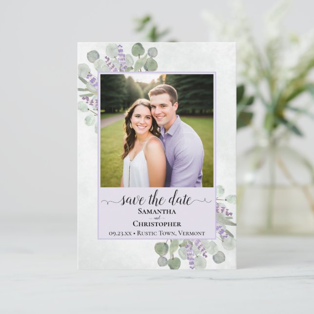 Save The Date Photo de mariage rustique eucalyptus et lavande vi (Debout devant)