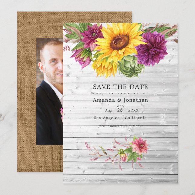 Save The Date Photo de mariage rustique floral soleil et prune b (Devant / Derrière)