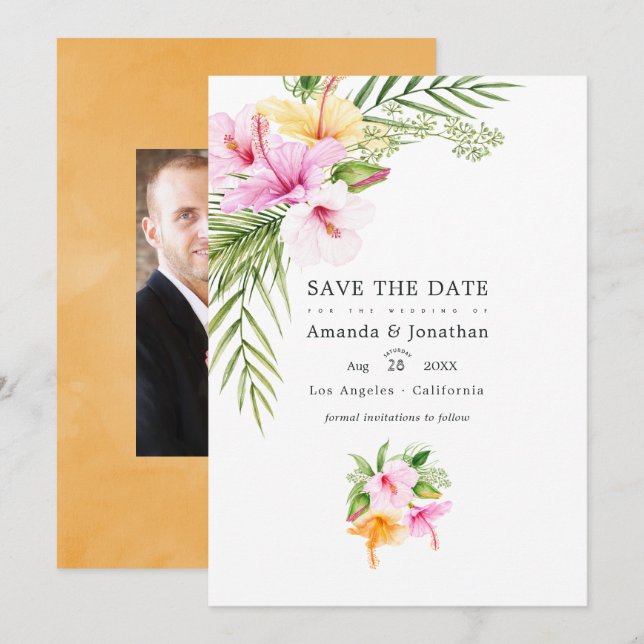 Save The Date Photo de mariage tropical floral de plage (Devant / Derrière)