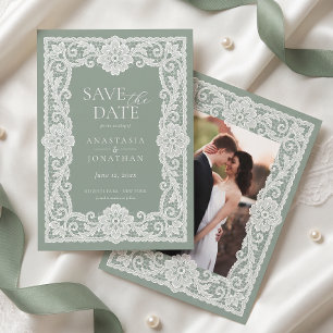 Save The Date Photo de mariage Vert Sauge Broderie Anglaise Vint