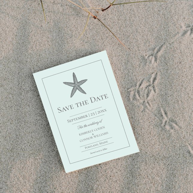 Save The Date Photo de monogramme d'étoile de mer vert menthe (Mint Green Starfish Monogram Photo Save the Date)