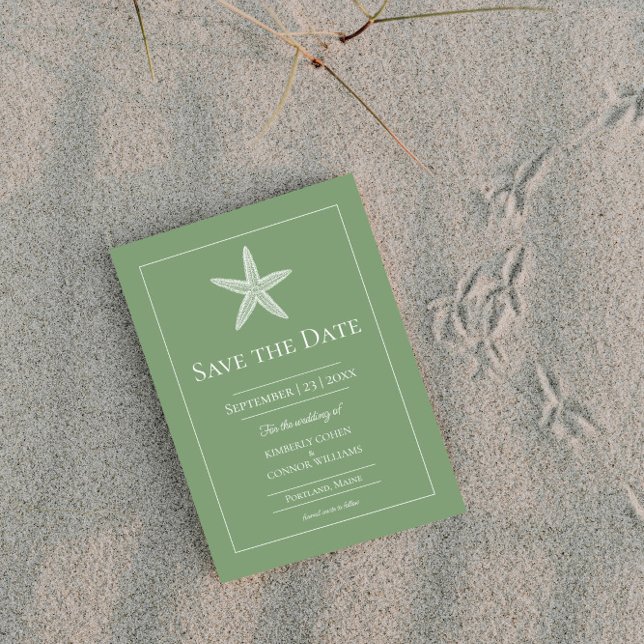 Save The Date Photo de monogramme d'étoile de mer vert mousse (Moss Green Starfish Monogram Photo Save the Date)