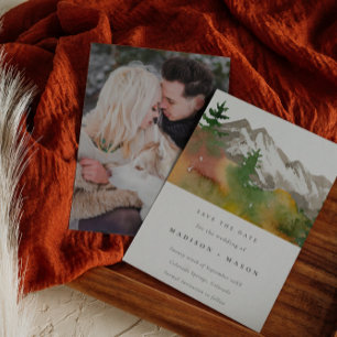 Save The Date Photo de montagnes aux arbres de pin aquarelle d'a