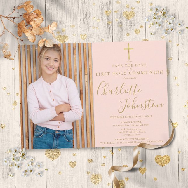 Save The Date Photo de première communion en écriture dorée rose (Blush Pink Gold Script First Holy Communion Photo Save The Date)