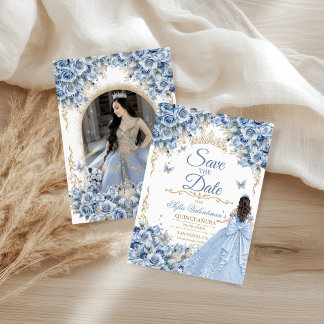 Save The Date Photo de Quinceanera Princesse Baby Blue Gold