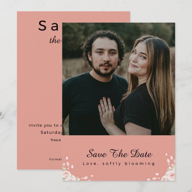 Save The Date Photo de Rose Pâle Murmurée Pétales Écriture Moder (Devant / Derrière)