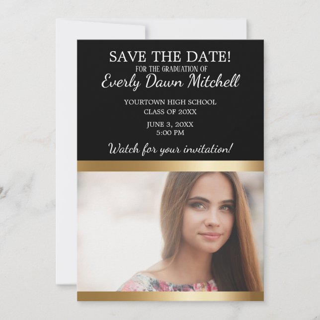 Save The Date Photo de sauvegarde de date de graduation rayée or (Devant)