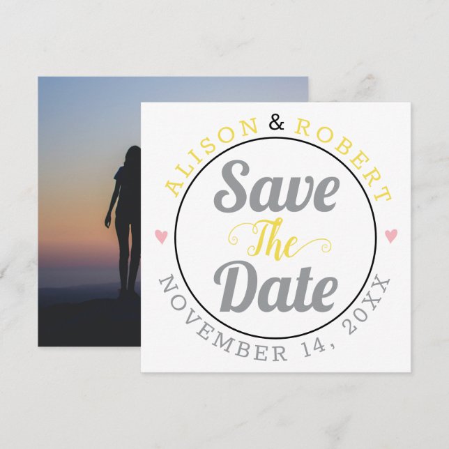 Save The Date Photo de typographie gris et jaune sur le dos (Devant / Derrière)