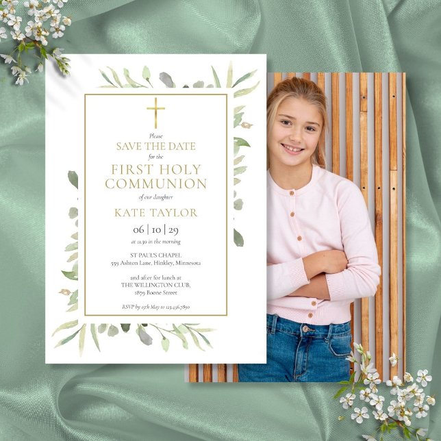 Save The Date Photo de verdure de première communion (First Holy Communion Greenery Photo Save The Date)