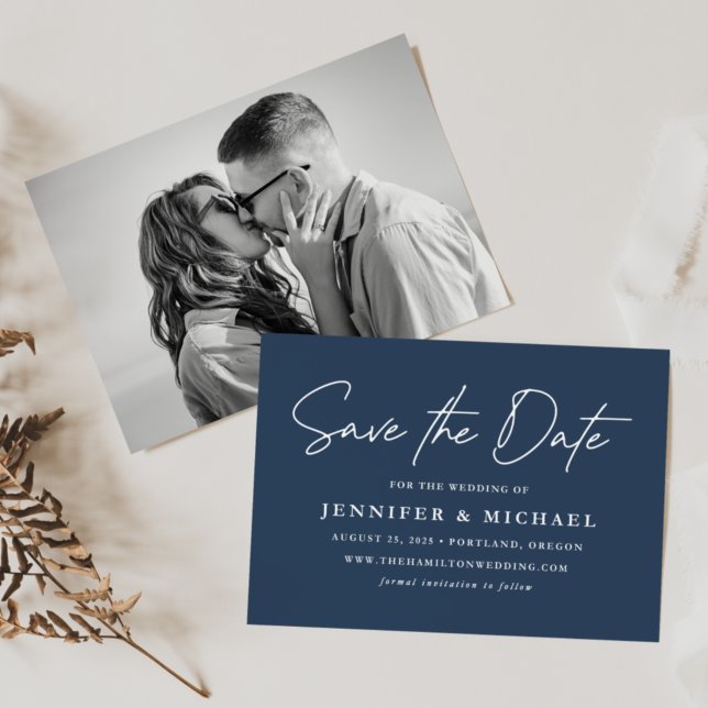 Save The Date Photo décontracté Script Navy (Créateur téléchargé)