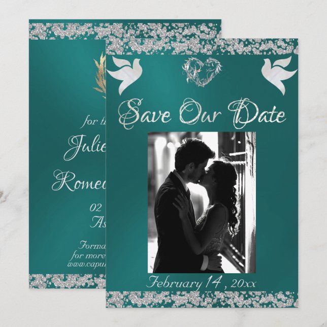Save The Date Photo, Doves, Coeur d'argent & Parties scintillant (Devant / Derrière)
