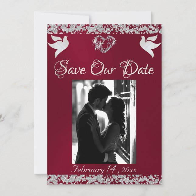 Save The Date Photo, Doves, Coeur d'Argent & Parties scintillant (Devant)