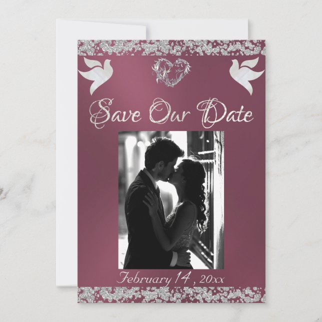 Save The Date Photo, Doves, Coeur d'argent & Parties scintillant (Devant)