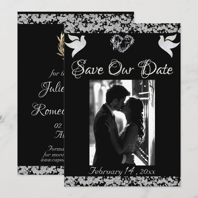 Save The Date Photo, Doves, Coeur et Parties scintillant Argent  (Devant / Derrière)