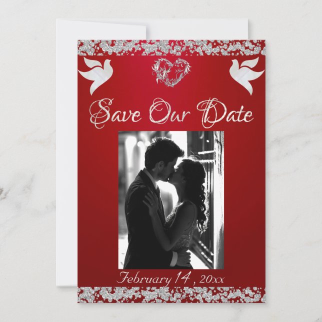 Save The Date Photo, Doves, Coeur et Parties scintillant Argent  (Devant)