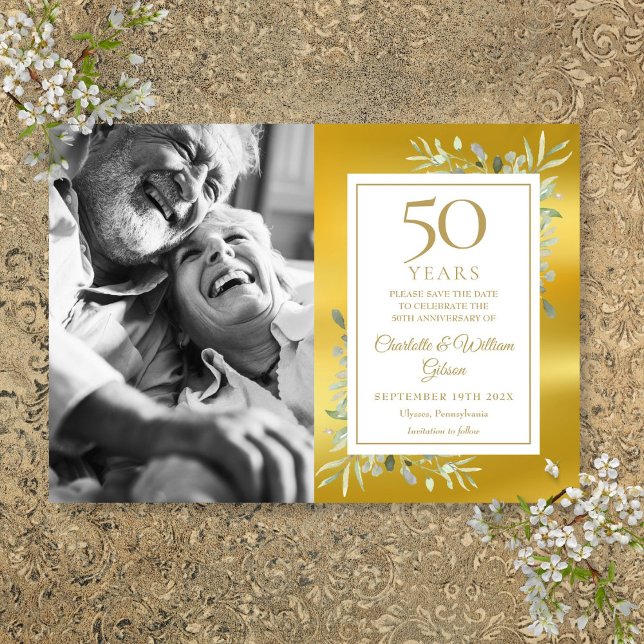 Save The Date Photo du 50e anniversaire du Mariage Green Energy  (50th Wedding Anniversary Greenery Gold Foil Photo Save The Date)