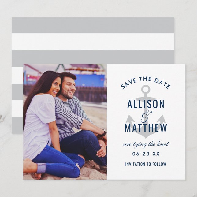 Save The Date Photo du Mariage d'Ancre Platinum Grey de la marin (Devant / Derrière)