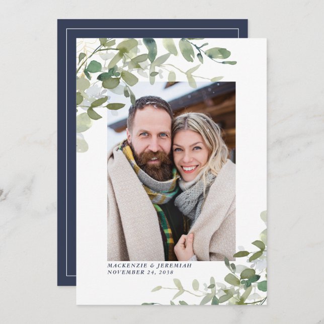 Save The Date Photo du Mariage de l'Eucalyptus bleu de la Marine (Devant / Derrière)