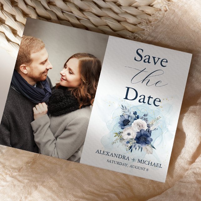 Save The Date Photo Dusty Blue et Navy Floral Elegant Wedding (Créateur téléchargé)