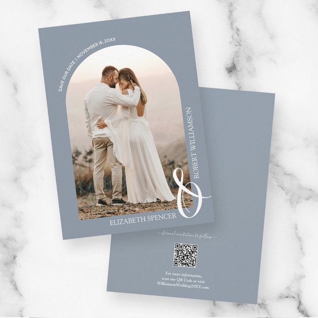 Save The Date Photo Dusty Blue QR Code Mariage (Créateur téléchargé)