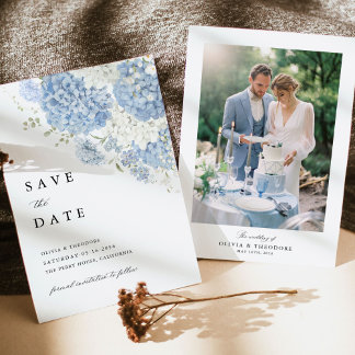 Save The Date Photo Dusty Blue White Floral Wedding
