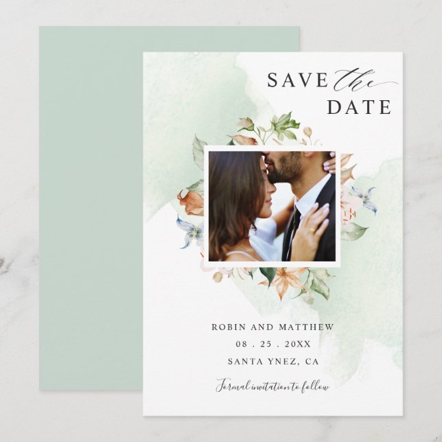 Save The Date Photo Earthy Blooms et Green Floral Mariage (Devant / Derrière)