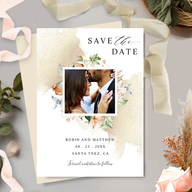Save The Date Photo Earthy Blooms et Mariage floral beige (Créateur téléchargé)